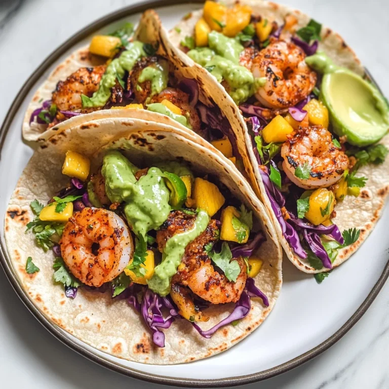 Spicy Shrimp Tacos with Mango Slaw and Avocado Crema