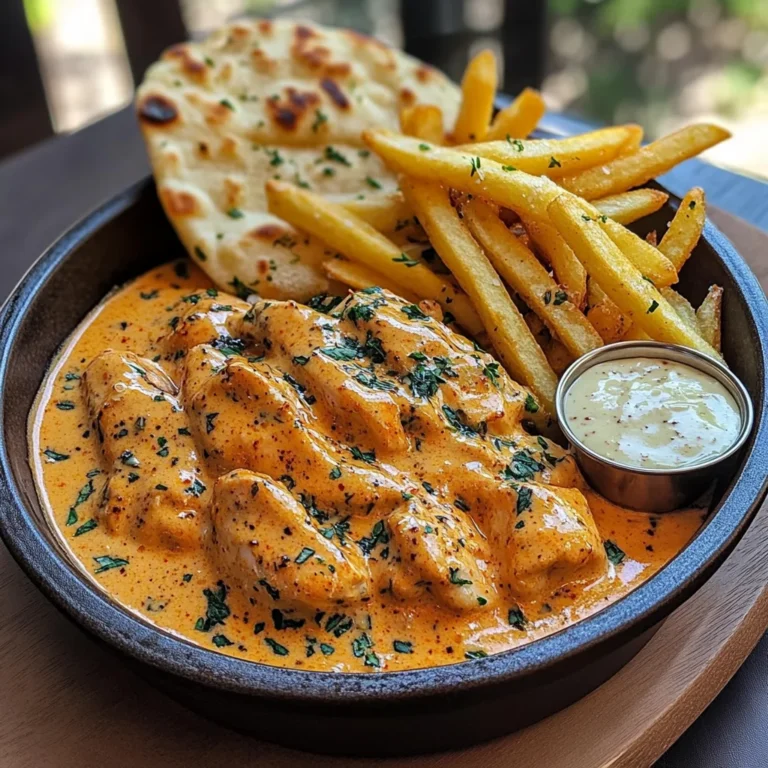 Creamy Butter Chicken with Garlic Drizzle, Golden Fries & Warm Naan