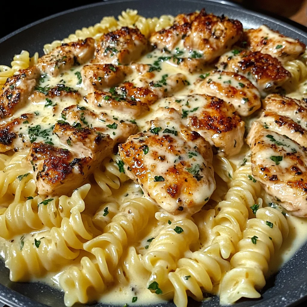 Creamy Garlic Chicken and Rotini with Mozzarella Alfredo
