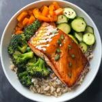 Honey-Glazed Salmon Bowl with Brown Rice & Steamed Veggies