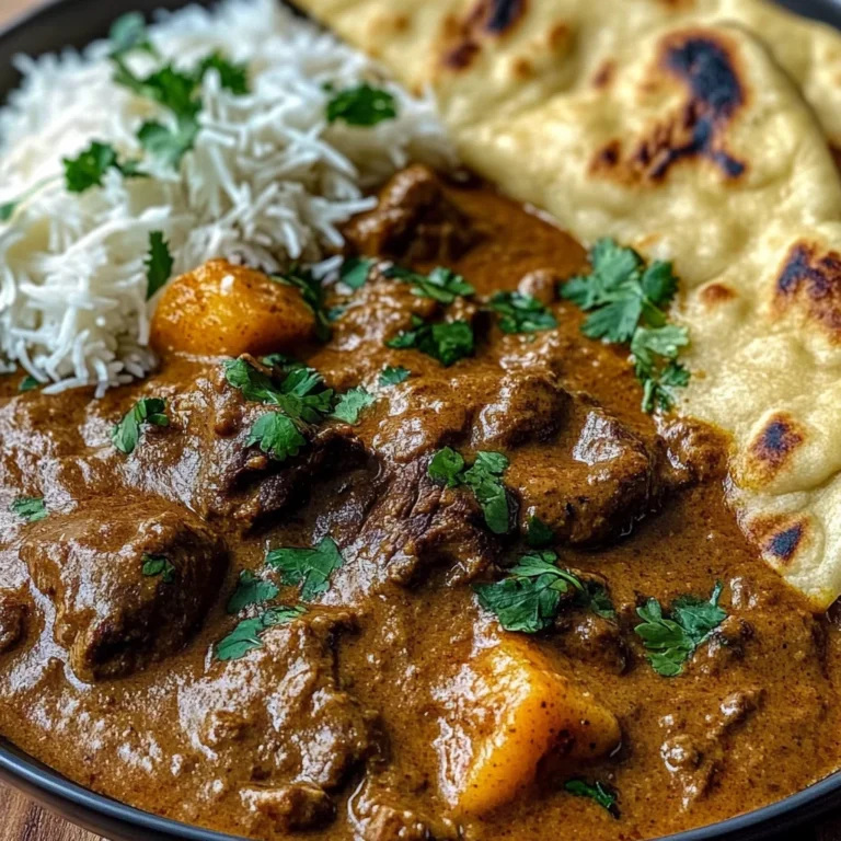 Slow-Cooked Beef Curry with Creamy Coconut Sauce & Garlic Naan
