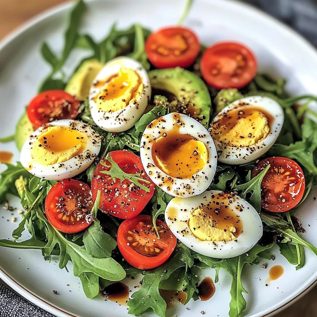 Avocado Arugula Salad with Jammy Eggs & Creamy Balsamic Drizzle