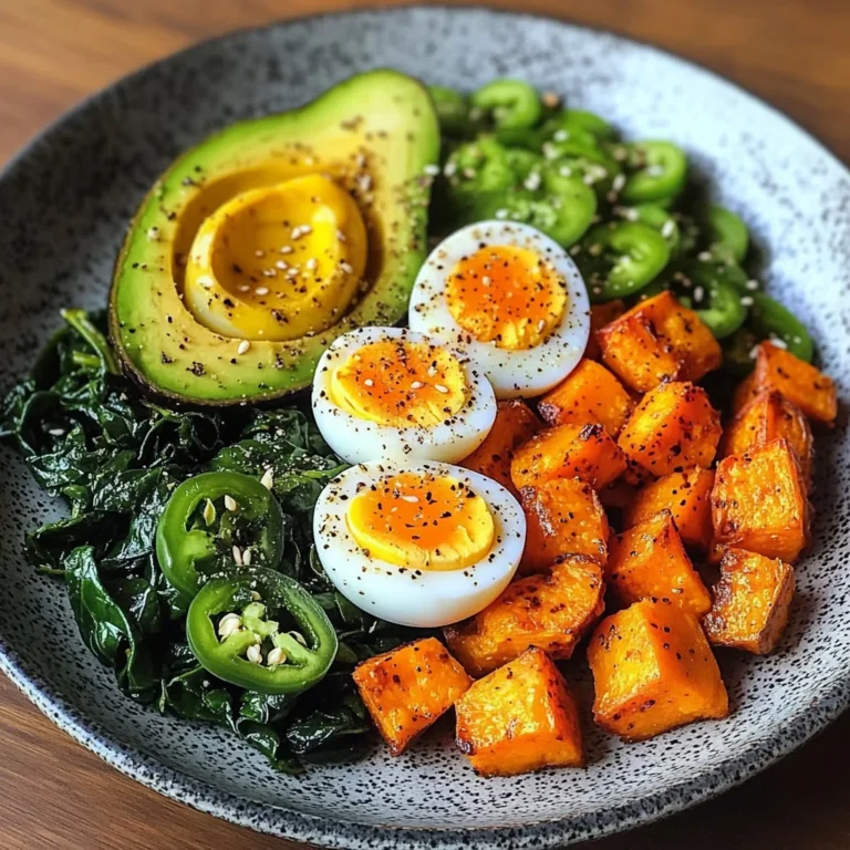 Avocado Power Plate with Jammy Eggs, Spinach & Sweet Potatoes