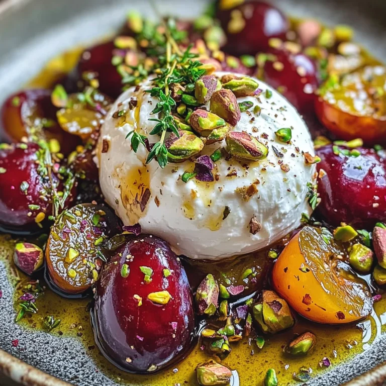 Burrata with Roasted Plums, Pistachios & Thyme
