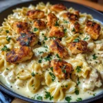 Creamy Alfredo Bowtie Pasta with Garlic Chicken Bites