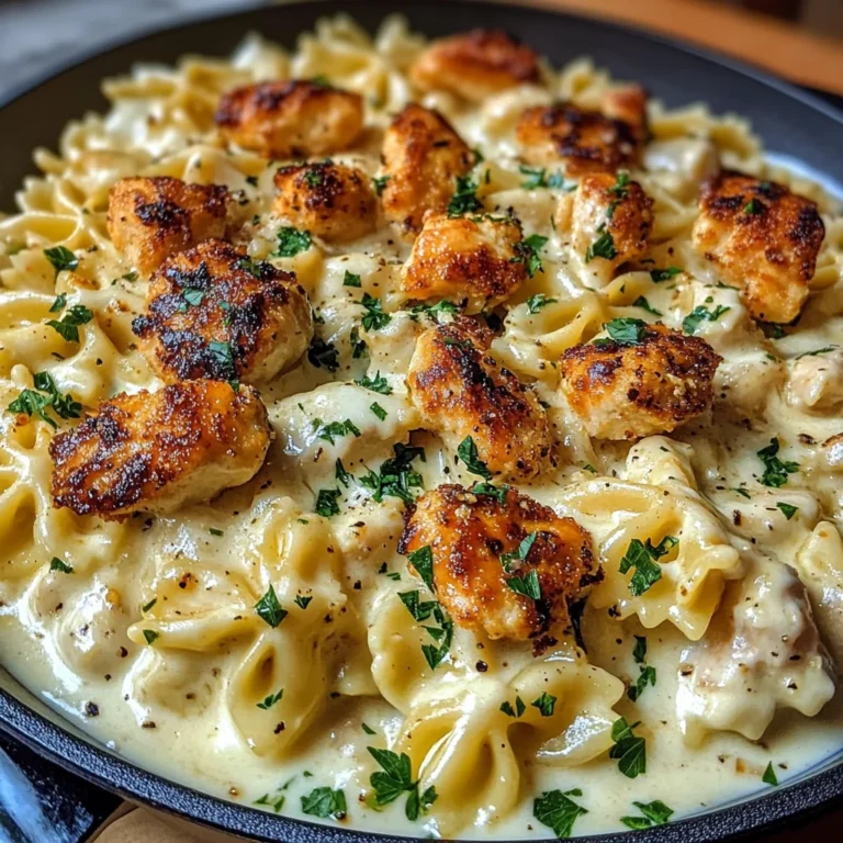 Creamy Alfredo Bowtie Pasta with Garlic Chicken Bites
