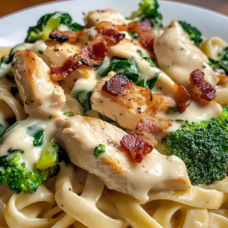 Creamy Chicken Bacon Fettuccine Alfredo with Spinach & Broccoli