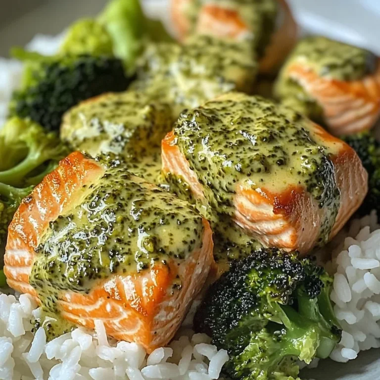 Creamy Pesto Salmon with Broccoli & Rice