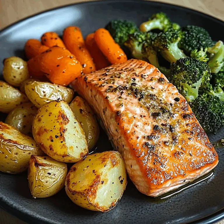 Garlic Butter Salmon with Roasted Potatoes, Glazed Carrots & Steamed Broccoli