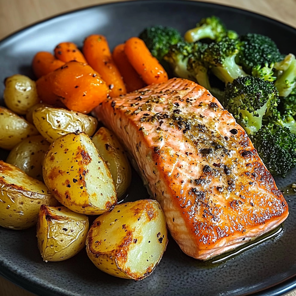 Garlic Butter Salmon with Roasted Potatoes, Glazed Carrots & Steamed Broccoli