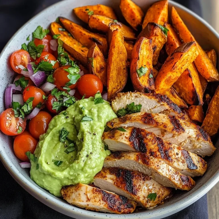 Grilled Chicken Power Bowl with Spiced Sweet Potato Wedges & Avocado Cream
