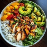 Rainbow Grilled Chicken Rice Bowl with Avocado & Crunchy Salad