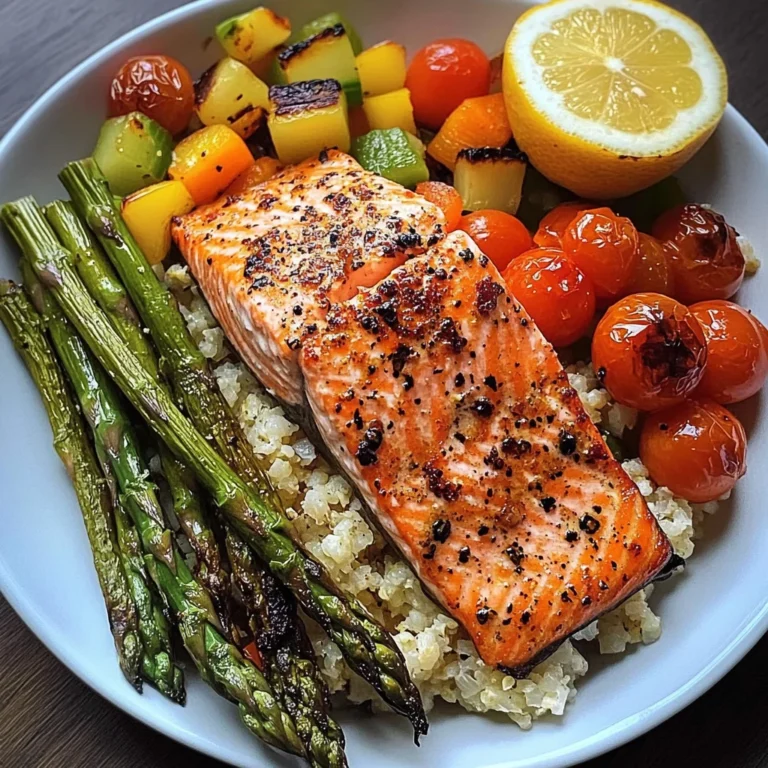 Seared Salmon with Asparagus, Cherry Tomatoes & Cauliflower Rice