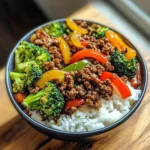 Spicy Ground Beef Stir-Fry Bowl with Garlic Veggies & Steamy Rice