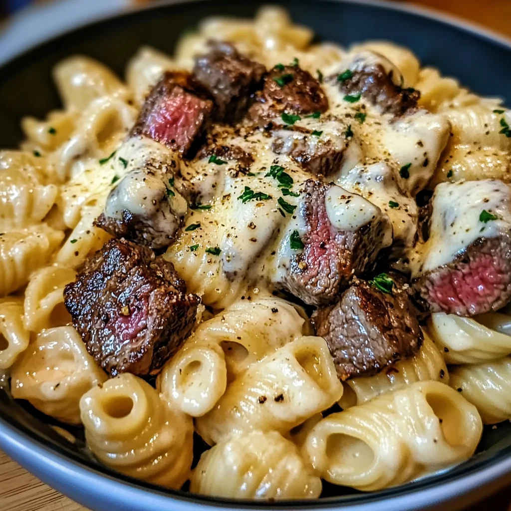 Steak Bites and Shell Pasta in Garlic Butter Alfredo Sauce
